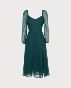 The Green Sweetheart Neck Sheer Sleeve Slit Midi Dress sold by rihoas