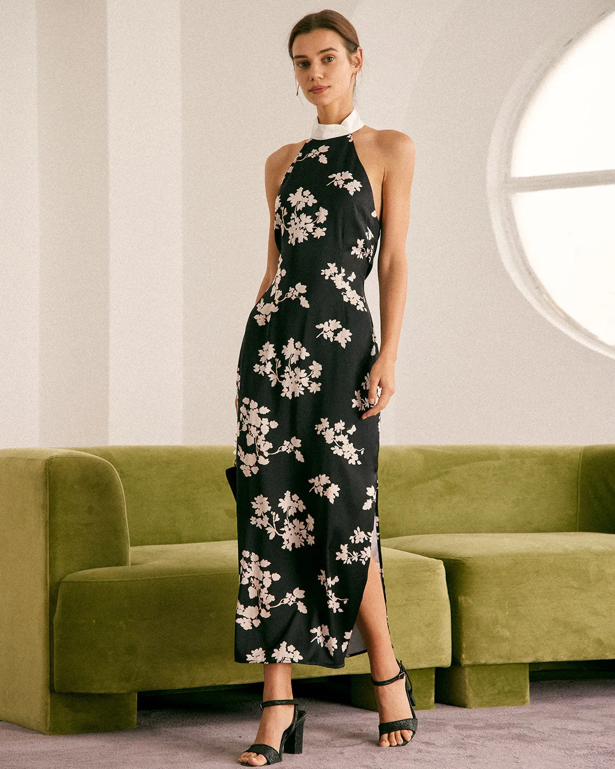 The Black Halter Floral Backless Maxi Dress sold by rihoas product image thumbnail 5