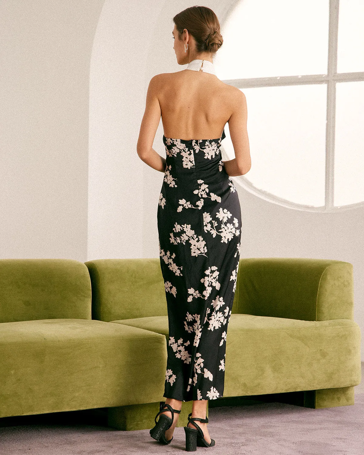 The Black Halter Floral Backless Maxi Dress sold by rihoas product image thumbnail 3
