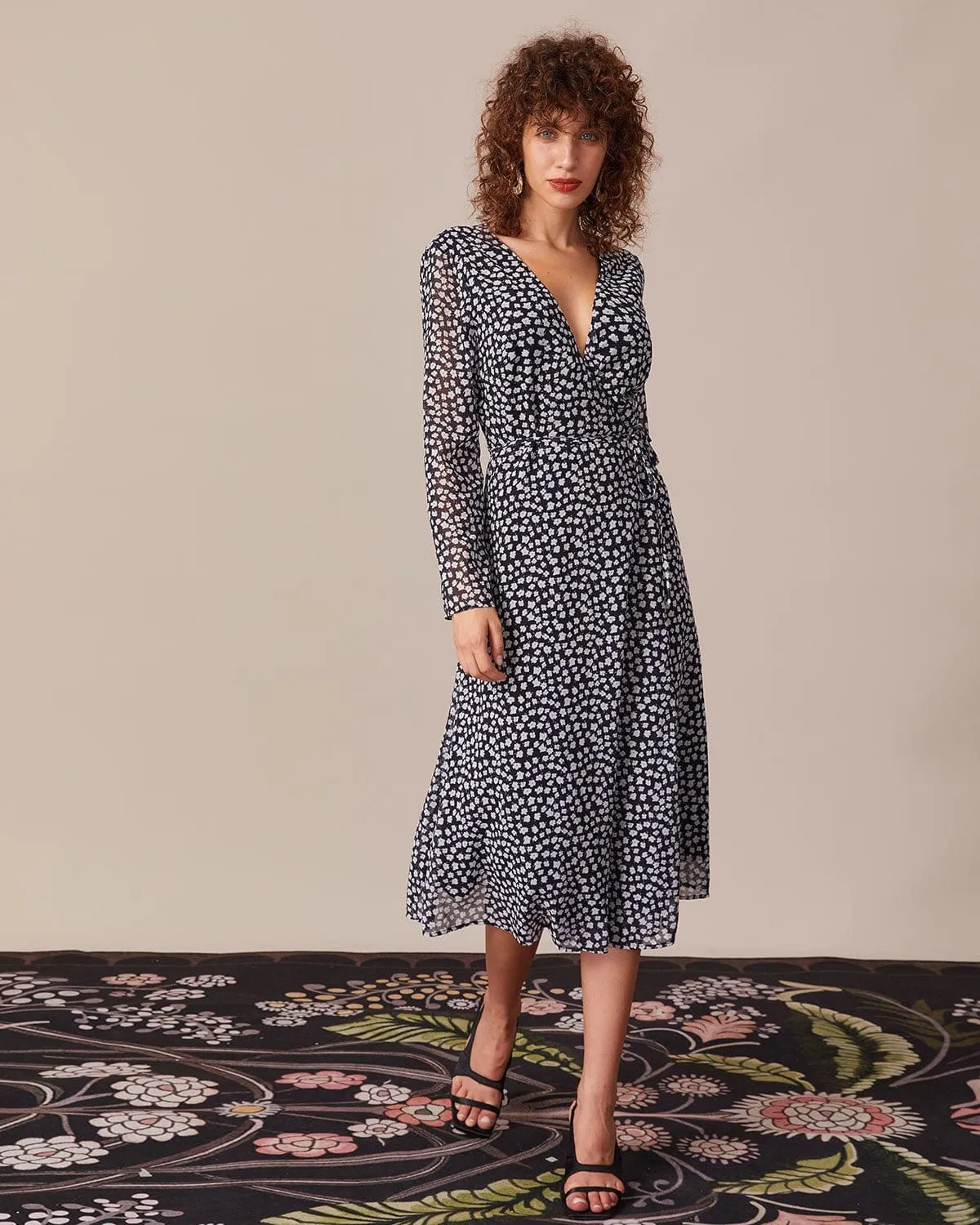 The Black V Neck Floral Tie Waist Midi Dress sold by rihoas product image thumbnail 3