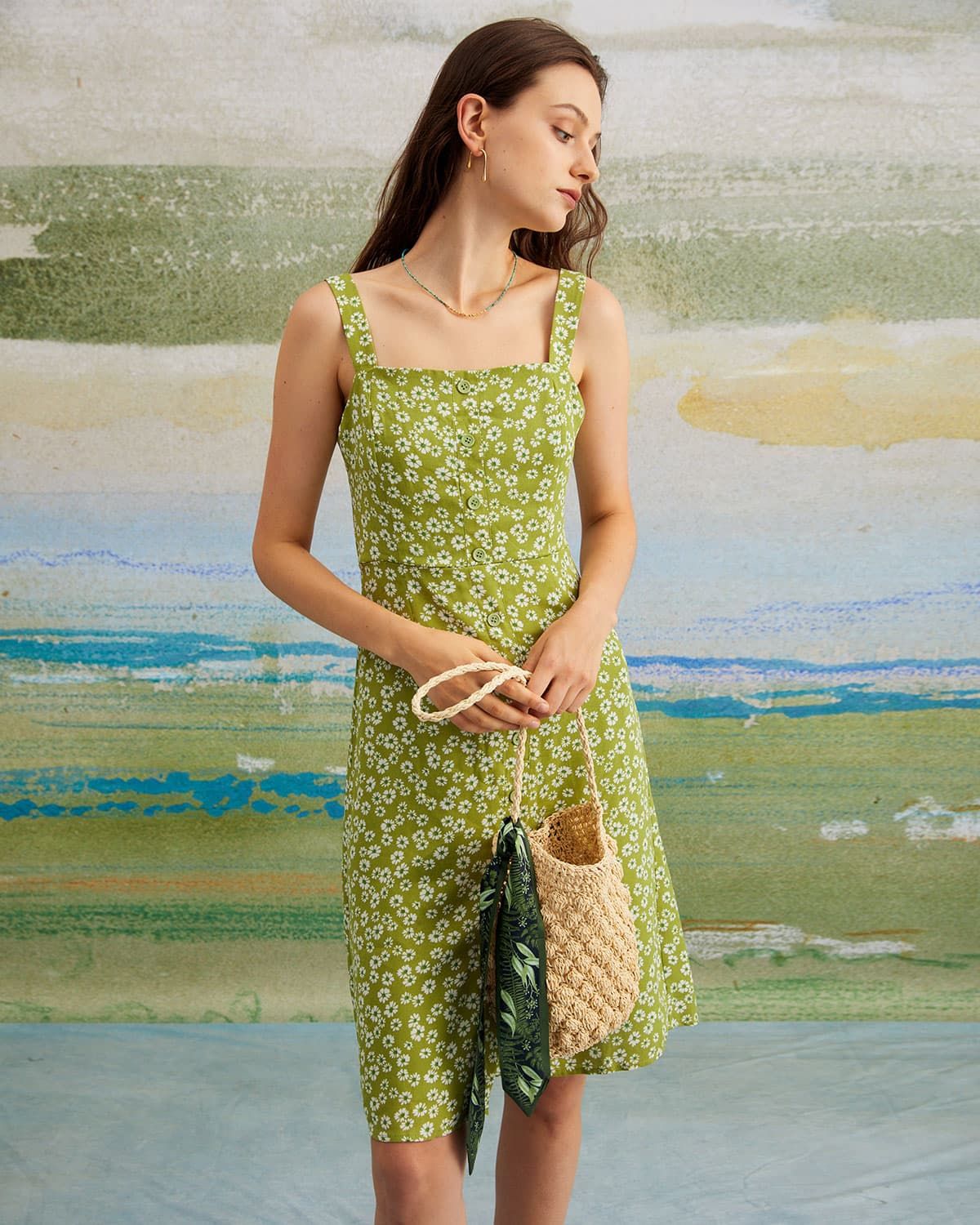 The Green Square Neck Floral Slit Midi Dress sold by rihoas product image thumbnail 4