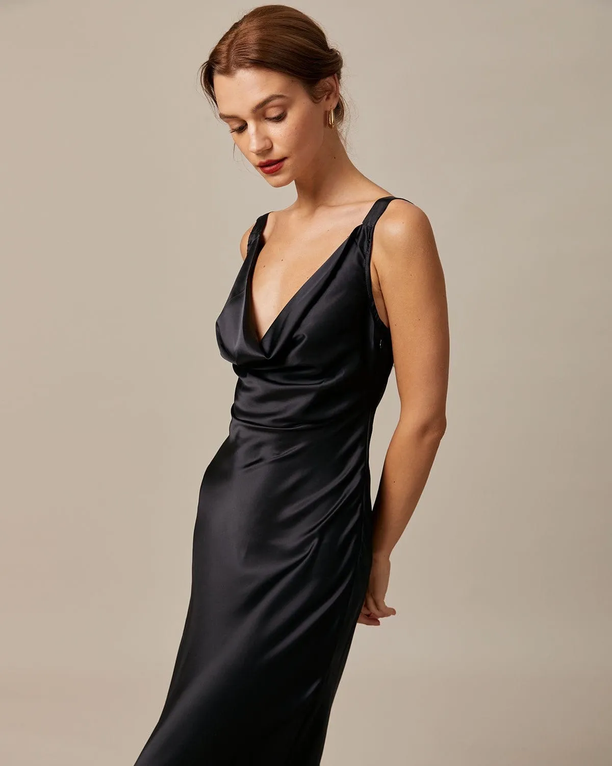 The Black Cowl Neck Sheath Satin Maxi Dress sold by rihoas product image thumbnail 5