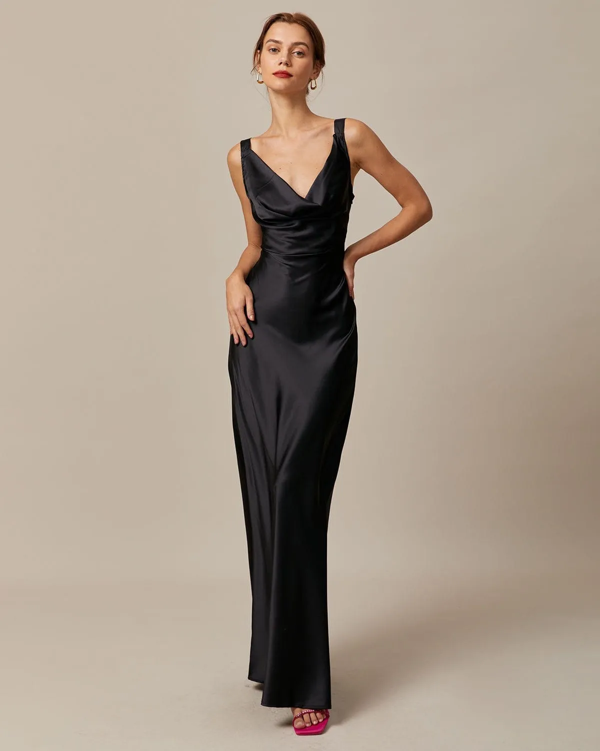 The Black Cowl Neck Sheath Satin Maxi Dress sold by rihoas