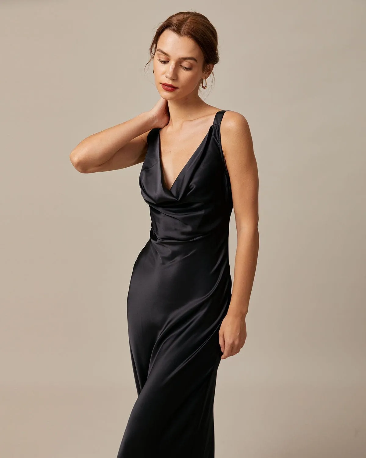 The Black Cowl Neck Sheath Satin Maxi Dress sold by rihoas product image thumbnail 4