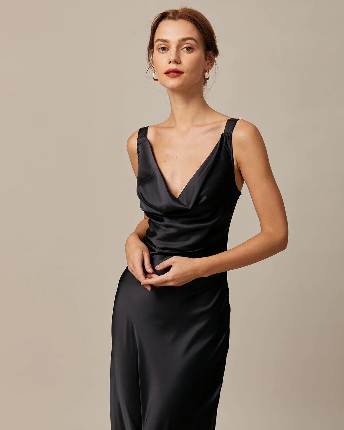 The Black Cowl Neck Sheath Satin Maxi Dress sold by rihoas product image thumbnail 3