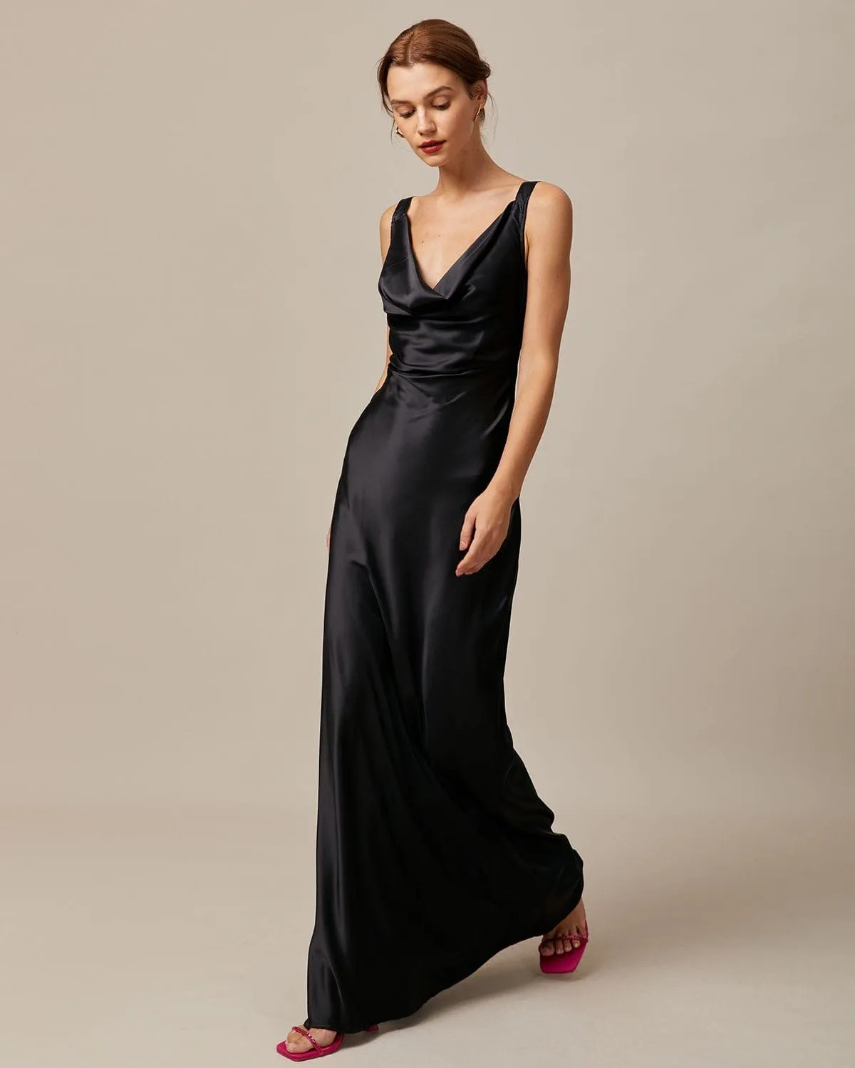 The Black Cowl Neck Sheath Satin Maxi Dress sold by rihoas product image thumbnail 2