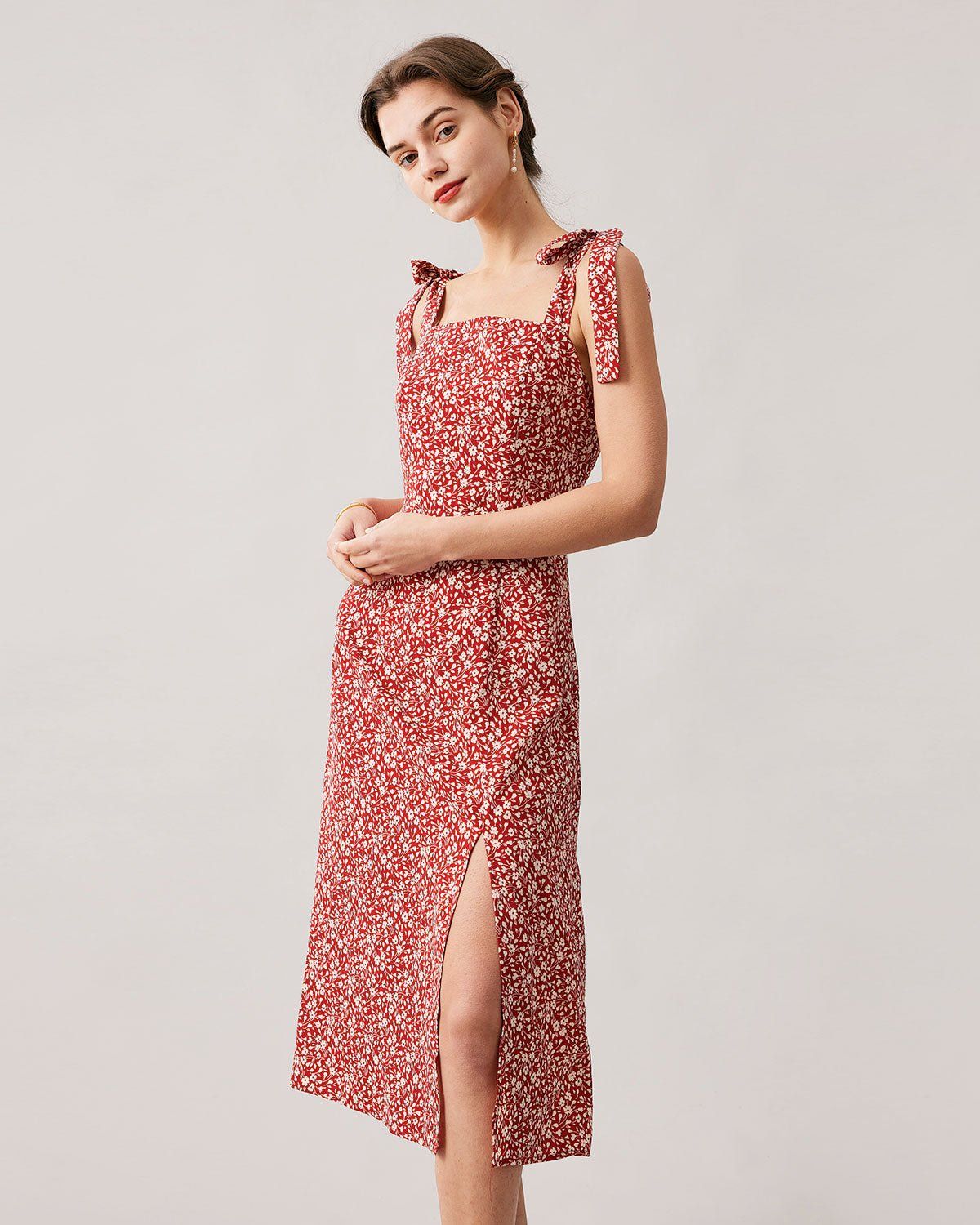 The Red Floral Tie Shoulder Slit Midi Dress sold by rihoas product image thumbnail 3