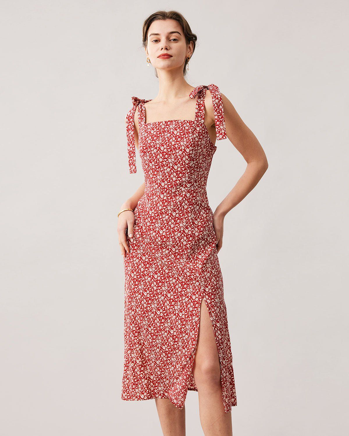 The Red Floral Tie Shoulder Slit Midi Dress sold by rihoas