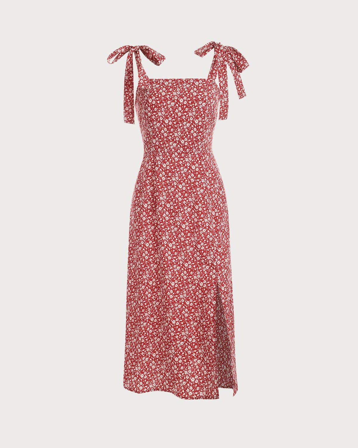 The Red Floral Tie Shoulder Slit Midi Dress sold by rihoas product image thumbnail 6