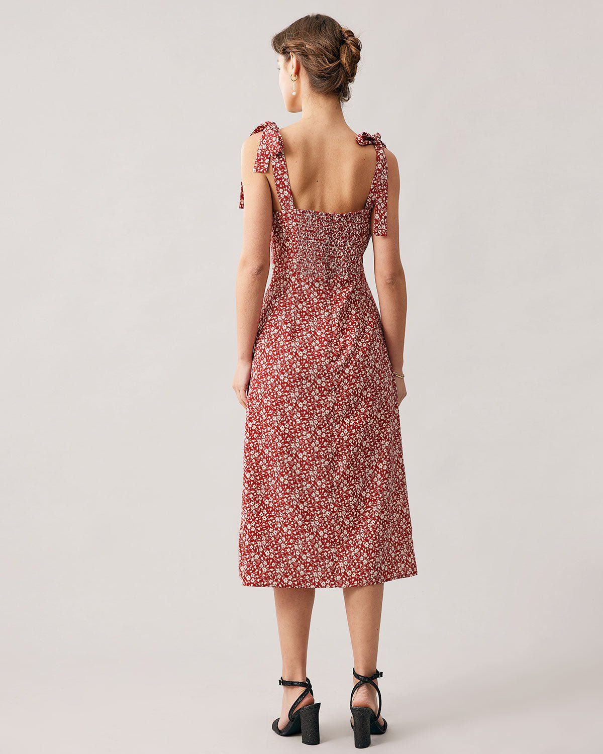 The Red Floral Tie Shoulder Slit Midi Dress sold by rihoas product image thumbnail 5