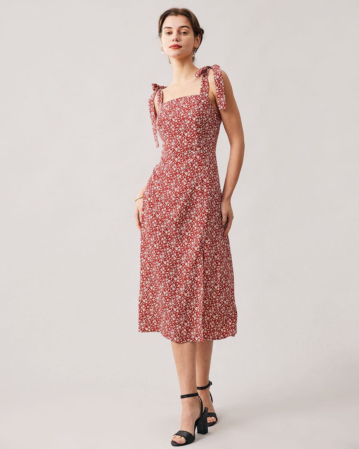 The Red Floral Tie Shoulder Slit Midi Dress sold by rihoas product image thumbnail 4