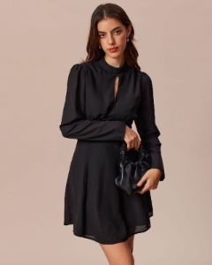 The Black Mock Neck Cutout Pleated Mini Dress sold by rihoas