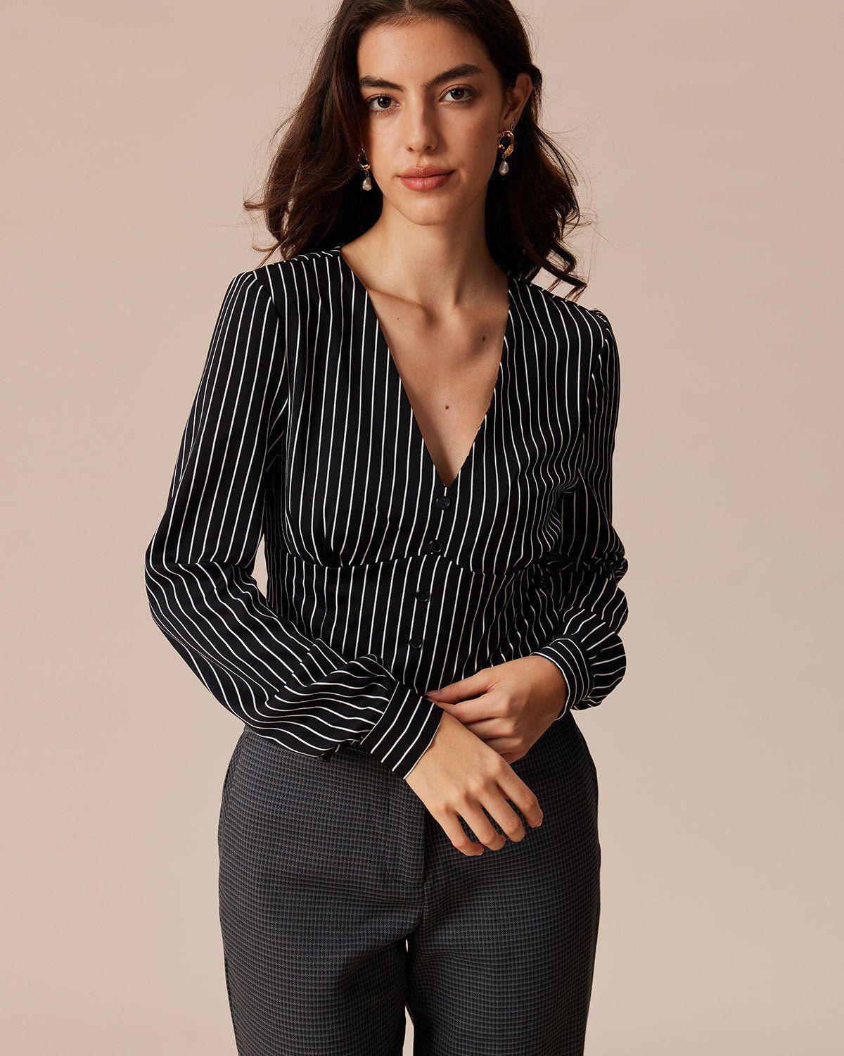 The Black V Neck Striped Button Up Blouse sold by rihoas