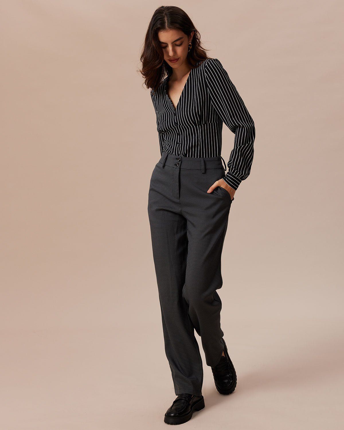 The Black V Neck Striped Button Up Blouse sold by rihoas product image thumbnail 2