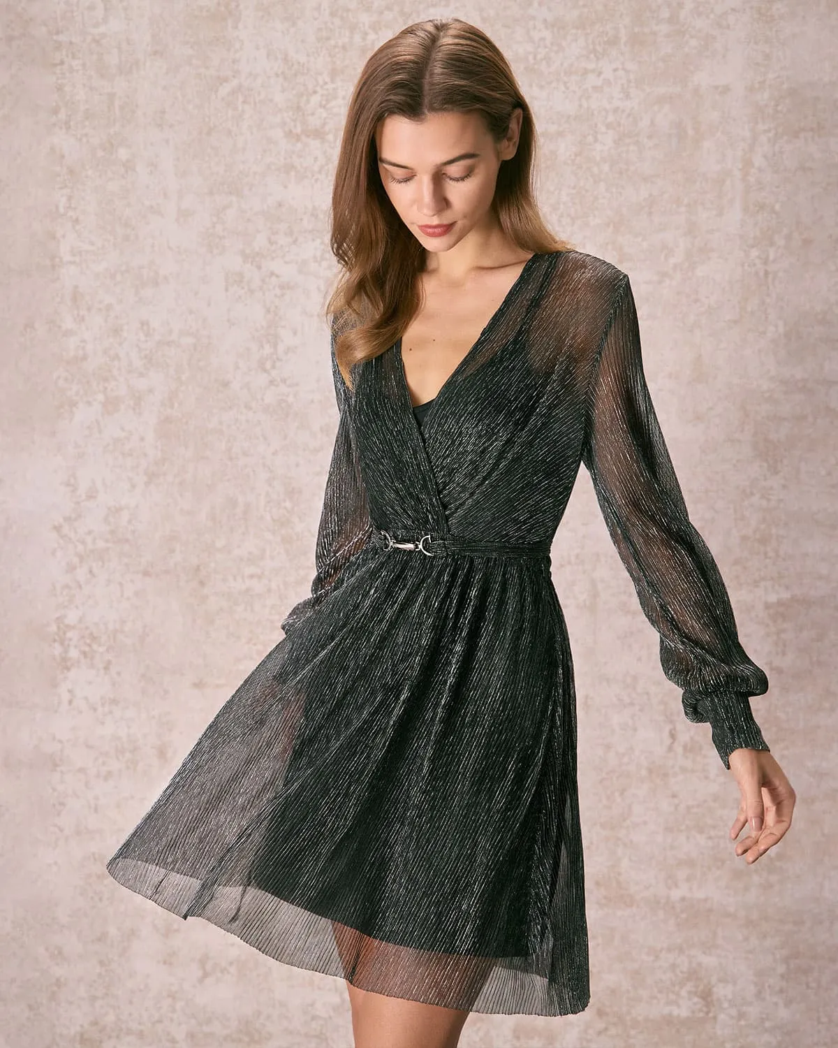 The Black V Neck Lurex Wrap Mini Dress sold by rihoas product image thumbnail 3