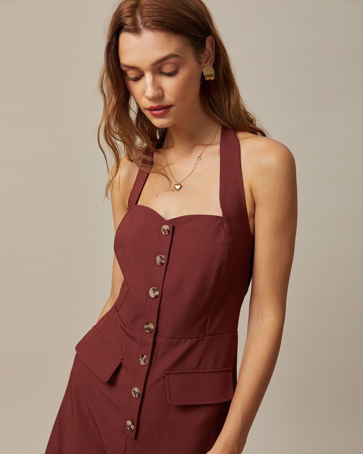 The Brown Halter Button Up Backless Jumpsuit sold by rihoas product image thumbnail 4