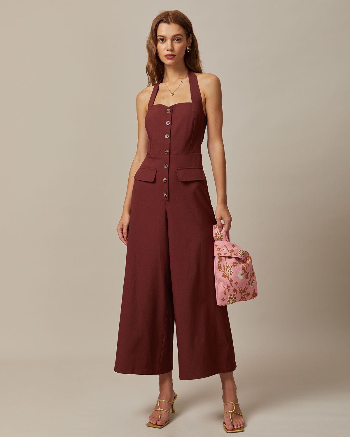 The Brown Halter Button Up Backless Jumpsuit sold by rihoas