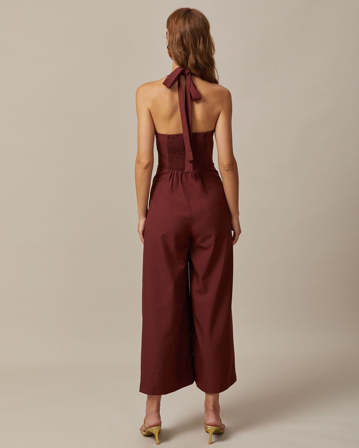 The Brown Halter Button Up Backless Jumpsuit sold by rihoas product image thumbnail 5