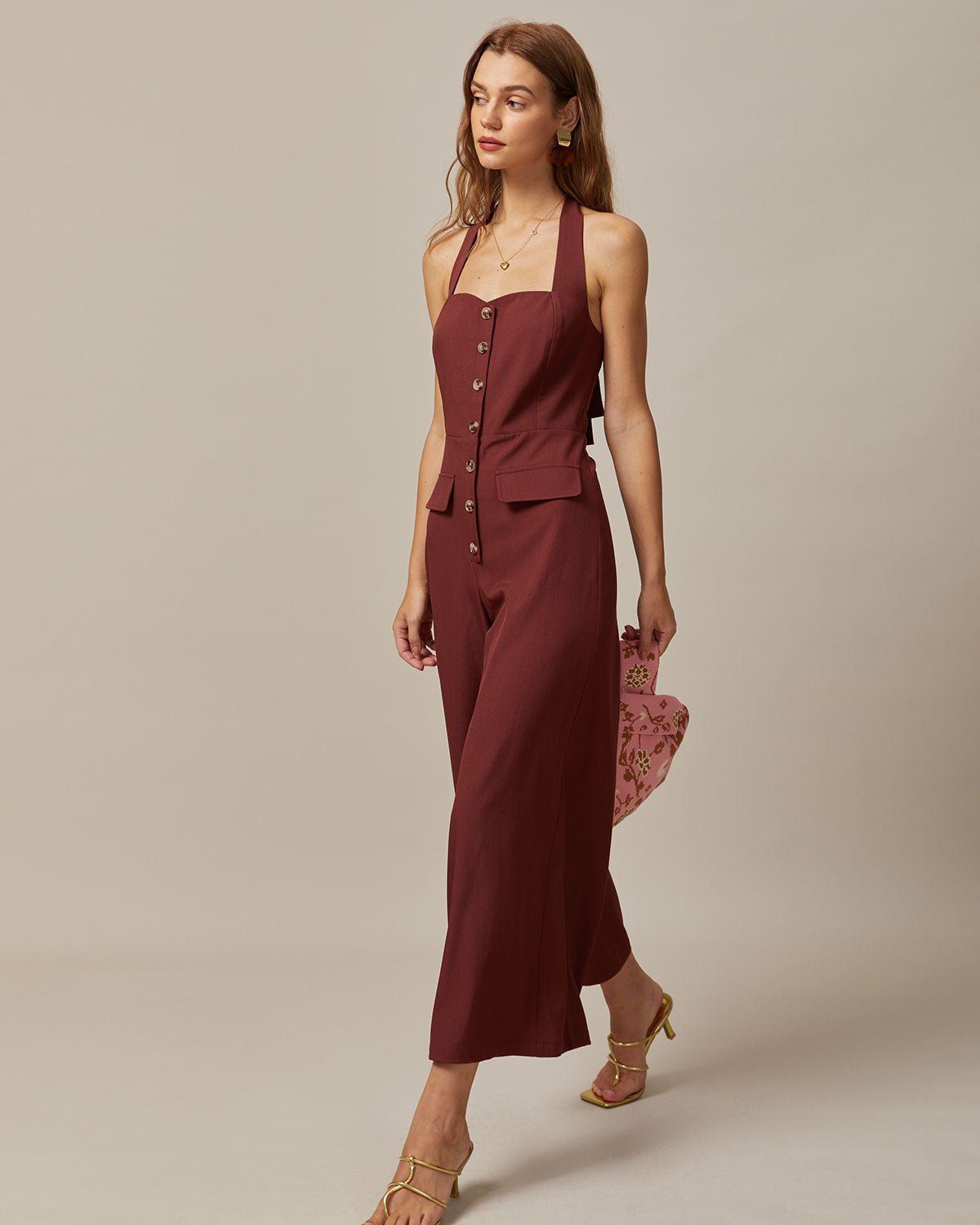 The Brown Halter Button Up Backless Jumpsuit sold by rihoas product image thumbnail 2