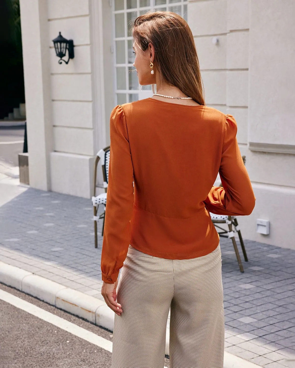 The Orange V Neck Pleated Flounce Blouse sold by rihoas product image thumbnail 5