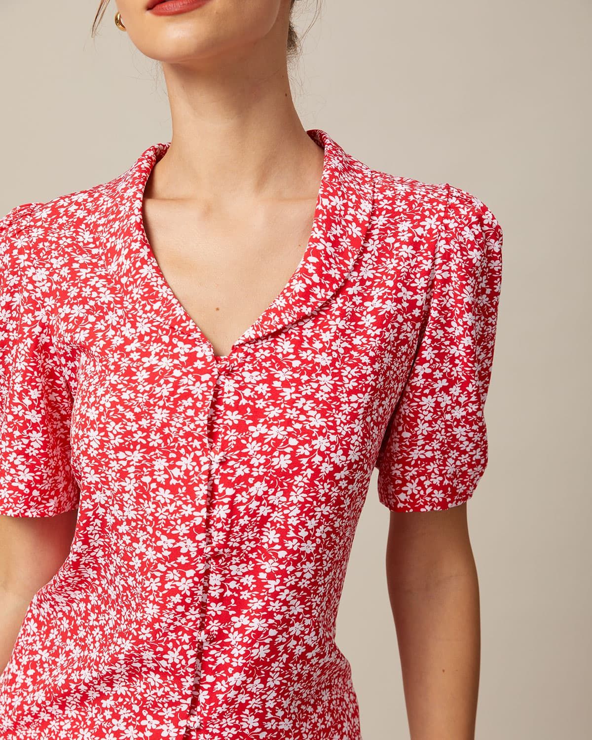 The Red V Neck Floral Button Puff Sleeve Shirt sold by rihoas product image thumbnail 4