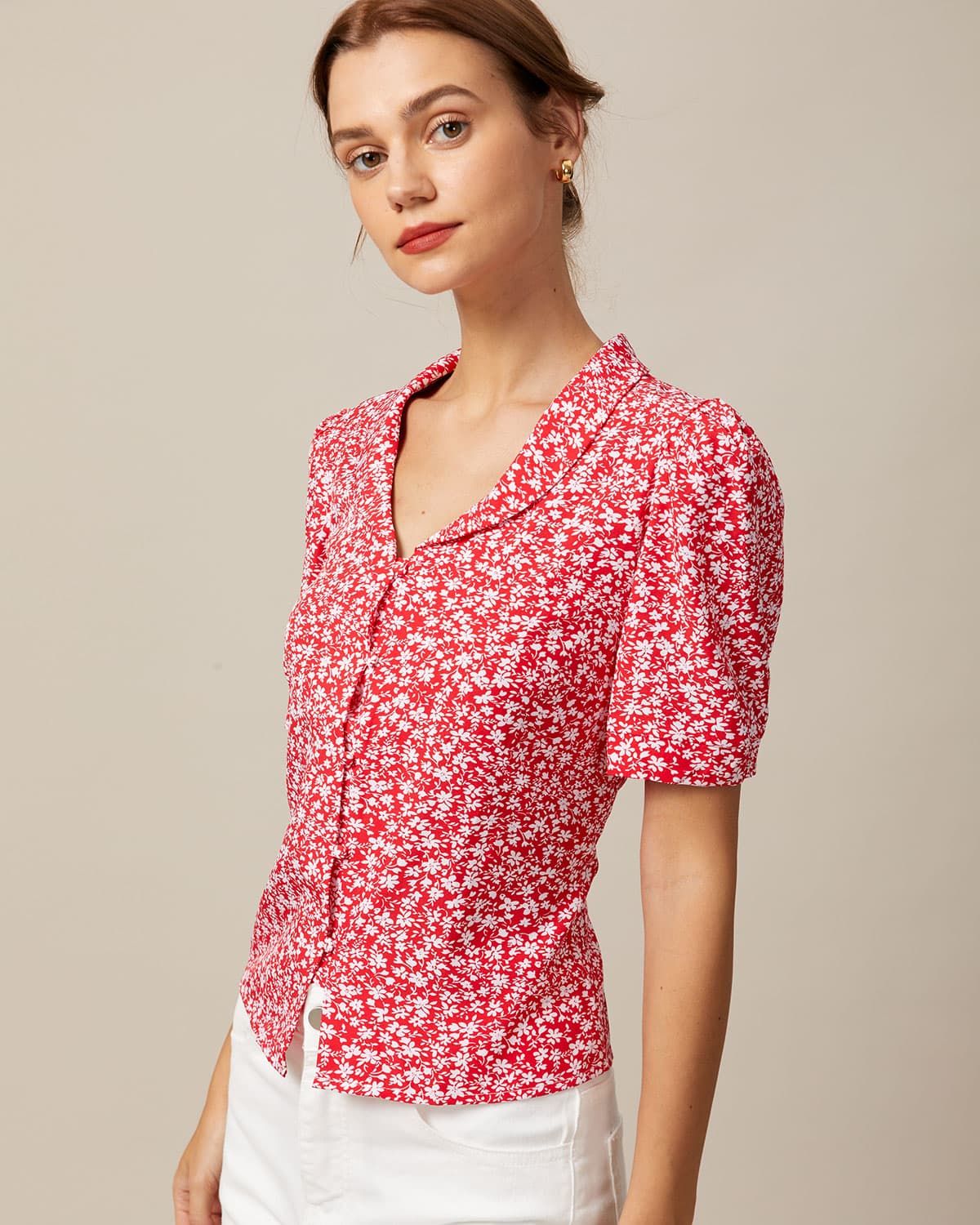 The Red V Neck Floral Button Puff Sleeve Shirt sold by rihoas product image thumbnail 3