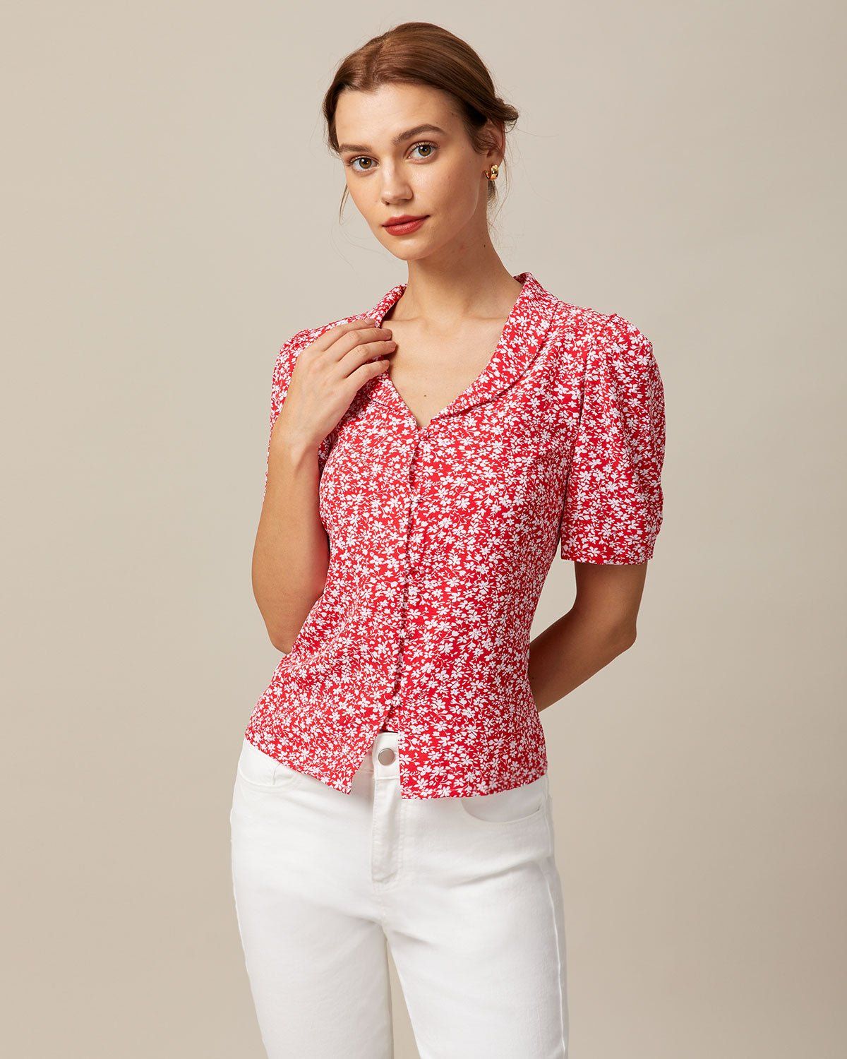 The Red V Neck Floral Button Puff Sleeve Shirt sold by rihoas