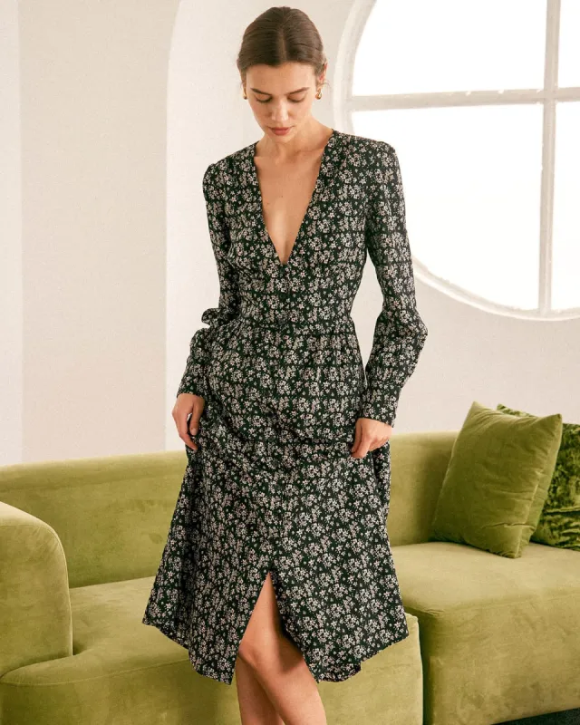 The Black Deep V Neck Floral Midi Dress sold by rihoas