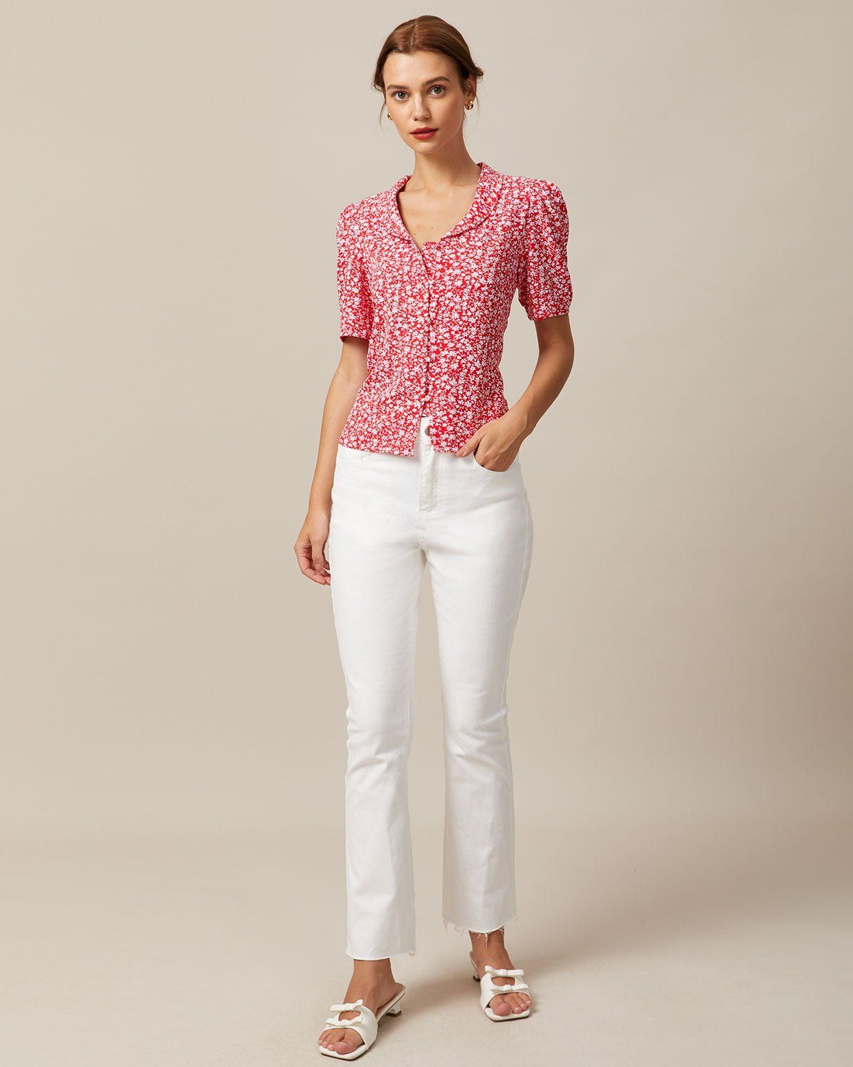 The Red V Neck Floral Button Puff Sleeve Shirt sold by rihoas product image thumbnail 2
