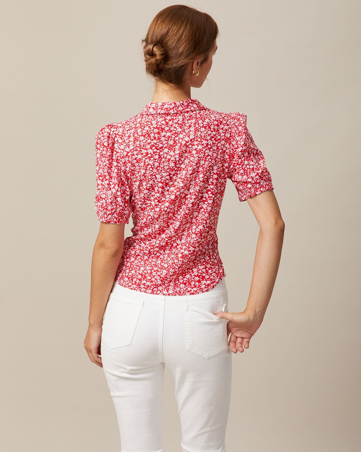 The Red V Neck Floral Button Puff Sleeve Shirt sold by rihoas product image thumbnail 5