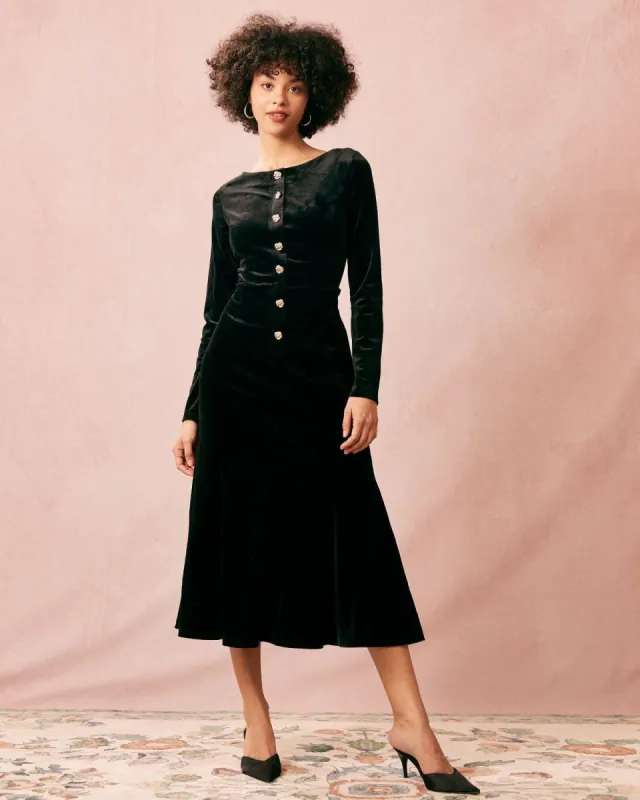 The Black Round Neck Velvet Midi Dress sold by rihoas