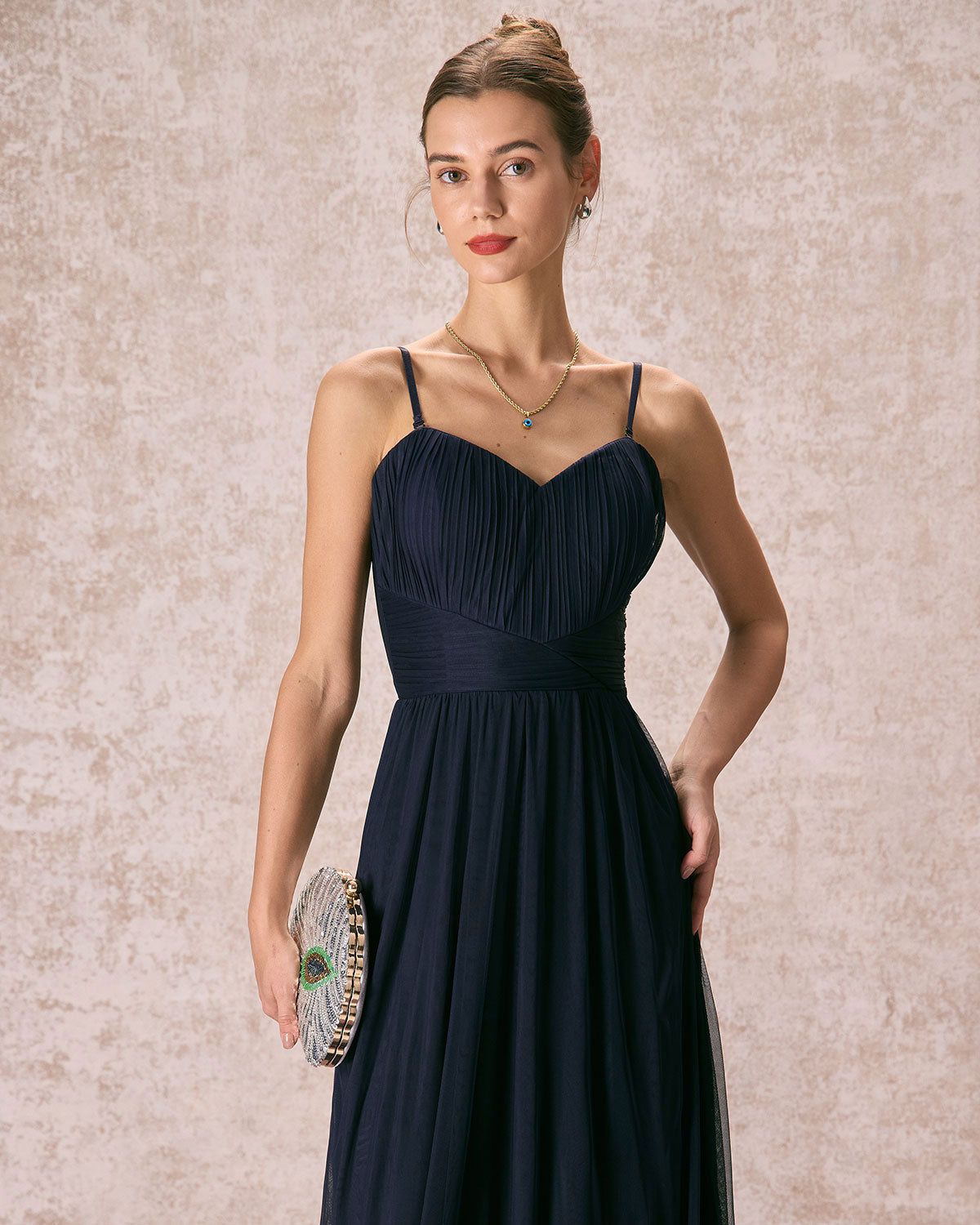 The Navy Pleated Ruched Mesh Slip Maxi Dress sold by rihoas product image thumbnail 3