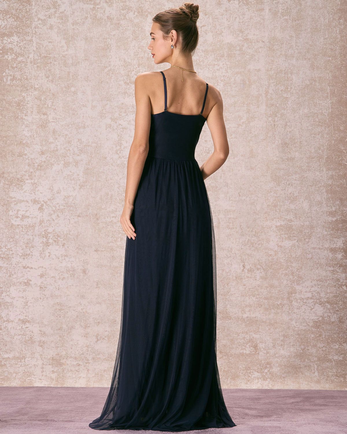 The Navy Pleated Ruched Mesh Slip Maxi Dress sold by rihoas product image thumbnail 5