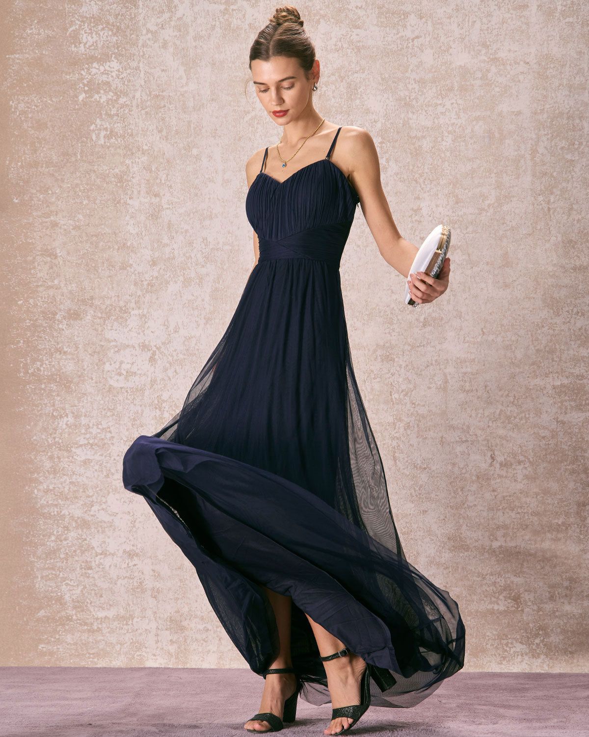 The Navy Pleated Ruched Mesh Slip Maxi Dress sold by rihoas product image thumbnail 2