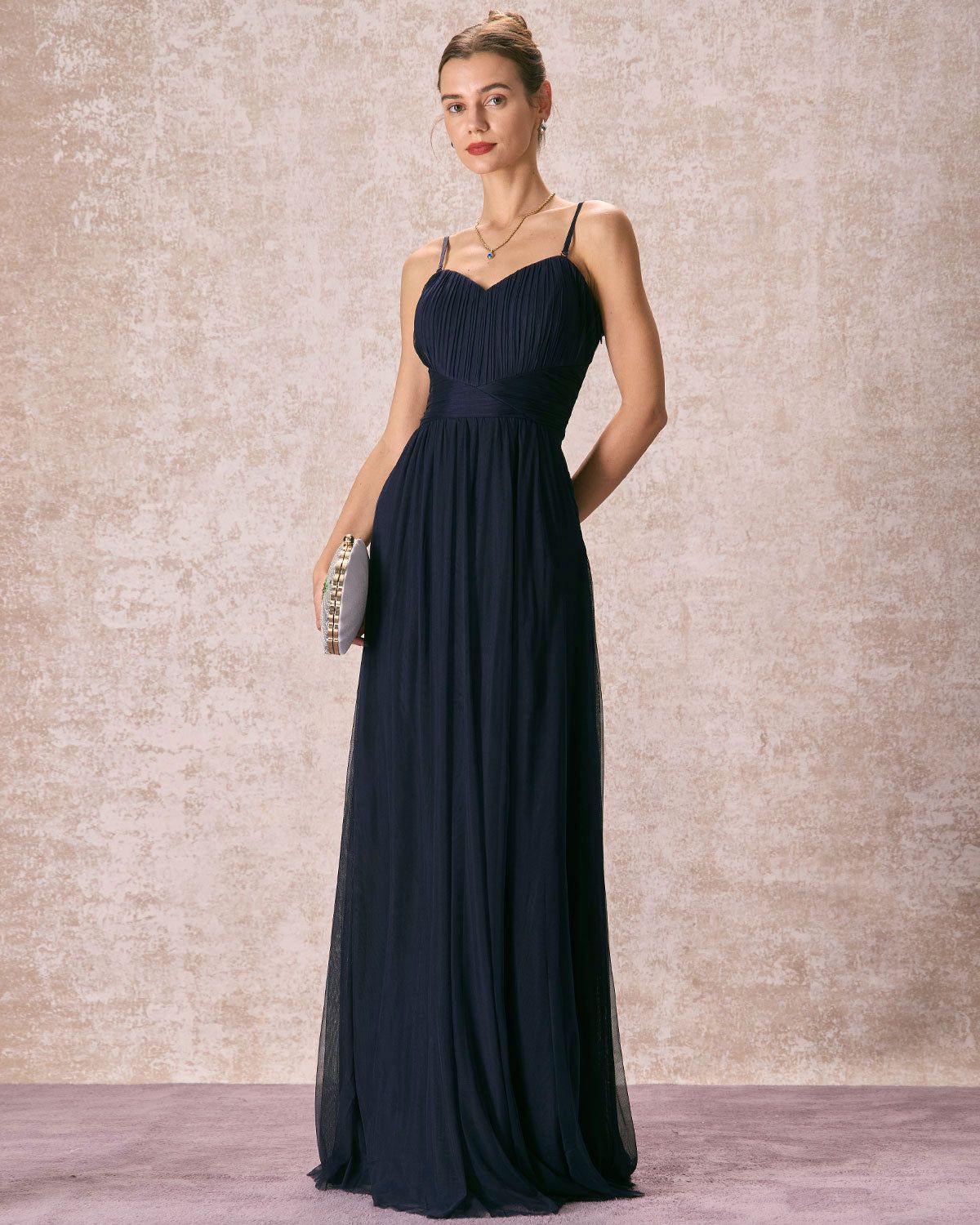The Navy Pleated Ruched Mesh Slip Maxi Dress sold by rihoas