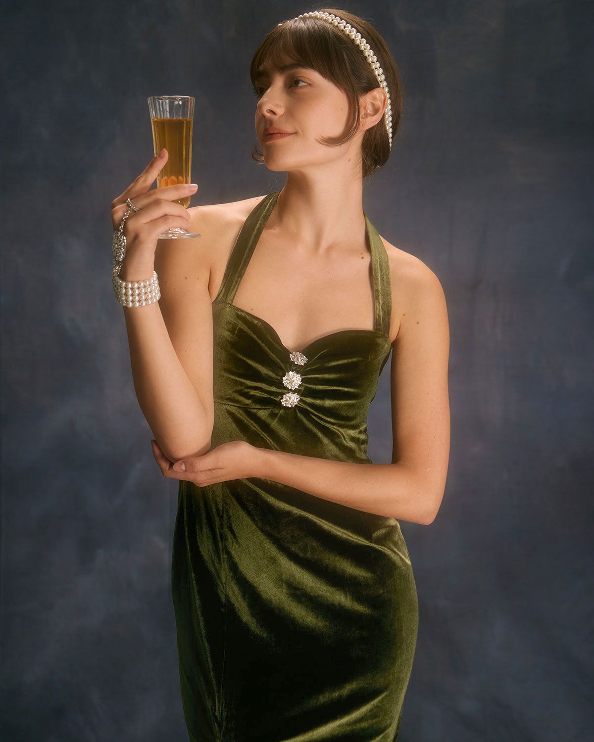 The Green Halter Ruched Velvet Midi Dress sold by rihoas product image thumbnail 5