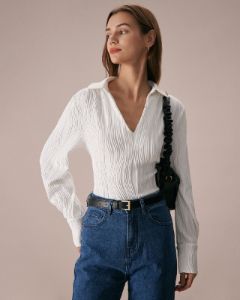 The White V Neck Water Ripple Textured Tee sold by rihoas