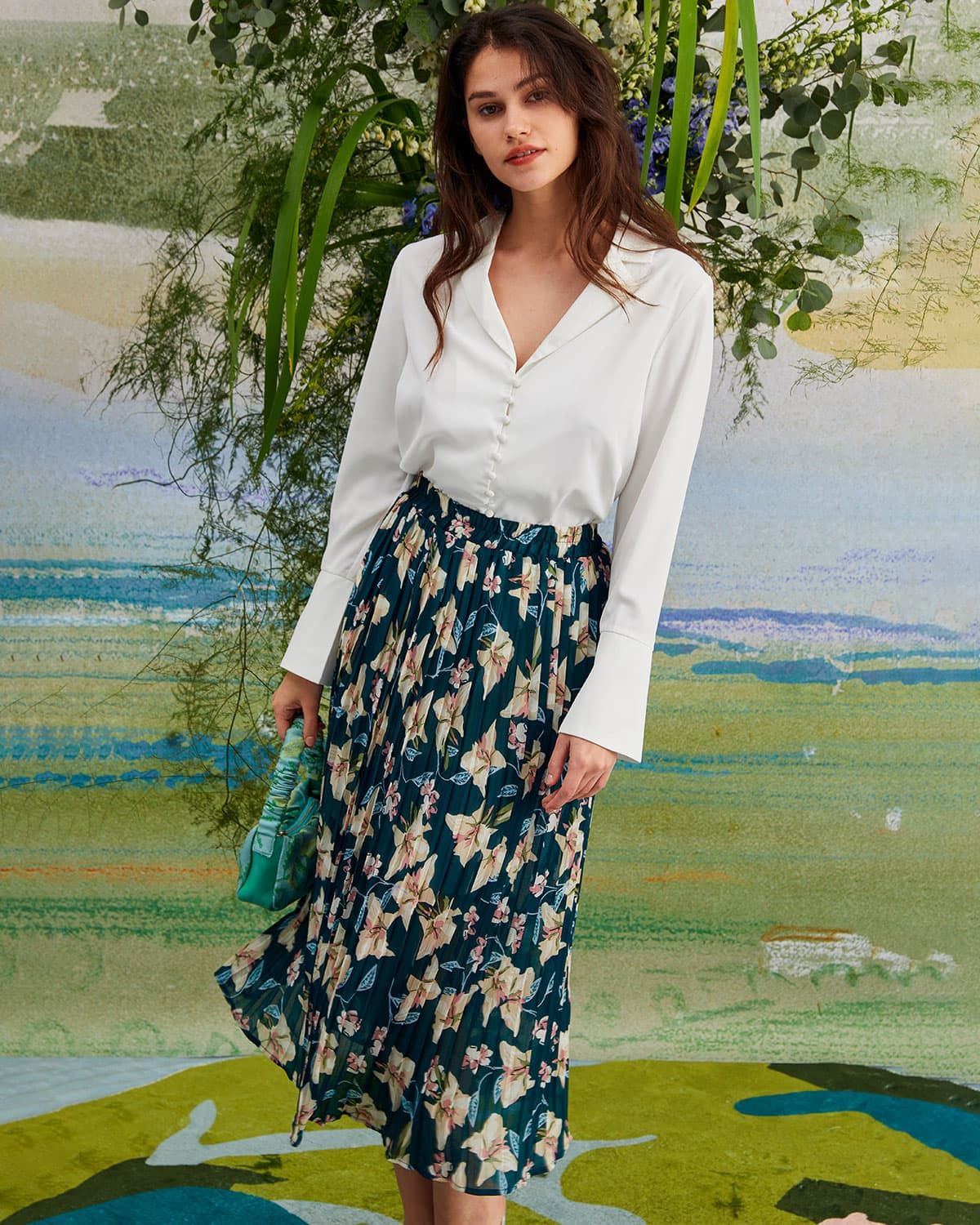 The Green Elastic Floral Pleated Midi Skirt sold by rihoas product image thumbnail 3