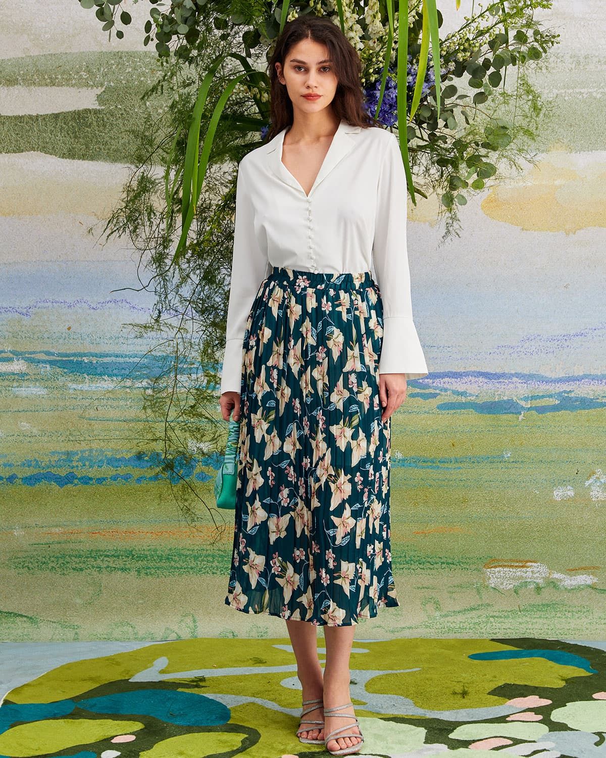 The Green Elastic Floral Pleated Midi Skirt sold by rihoas product image thumbnail 2