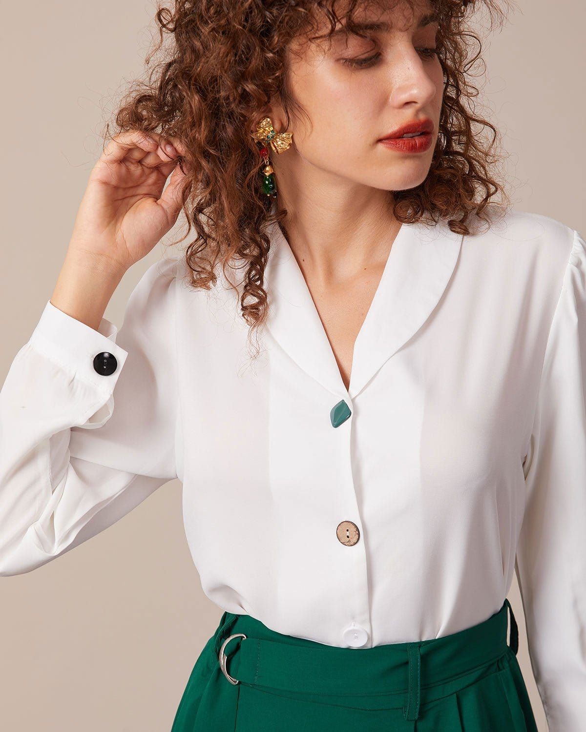 The White Lapel Button Long Sleeve Blouse sold by rihoas product image thumbnail 4