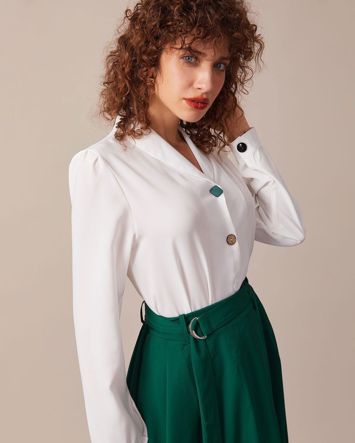 The White Lapel Button Long Sleeve Blouse sold by rihoas product image thumbnail 5