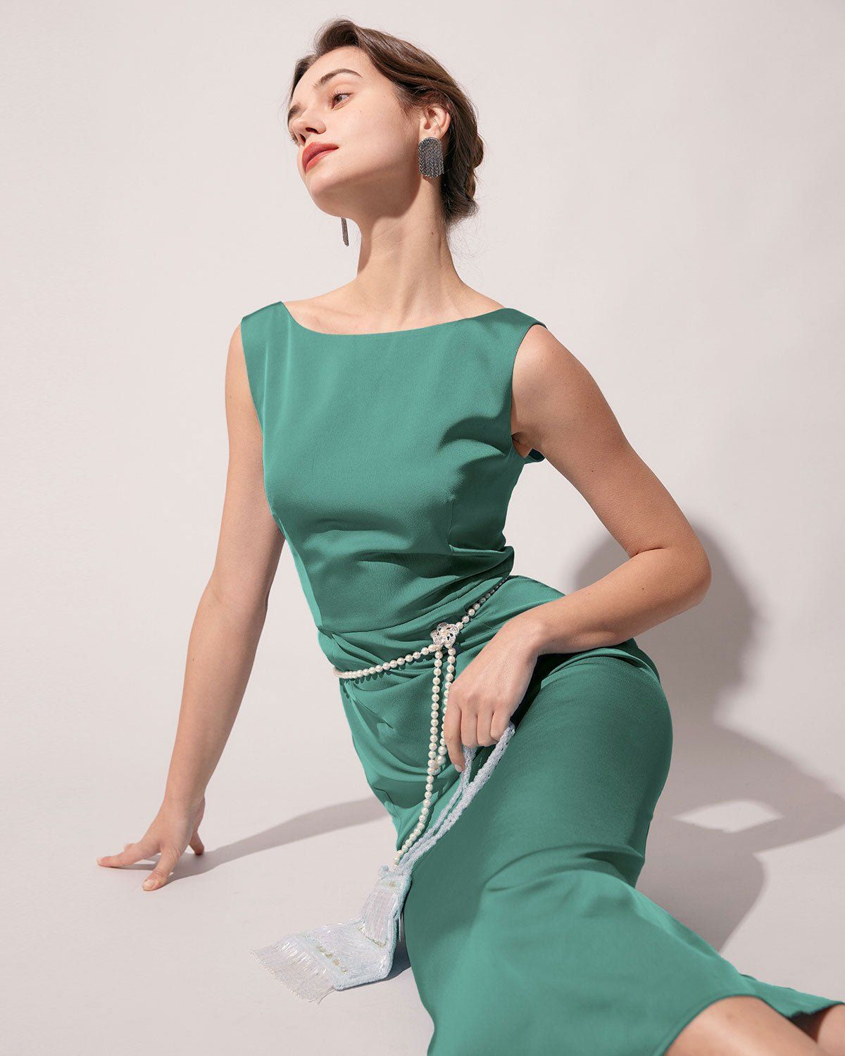 The Green Round Neck Sleeveless Satin Midi Dress sold by rihoas product image thumbnail 4
