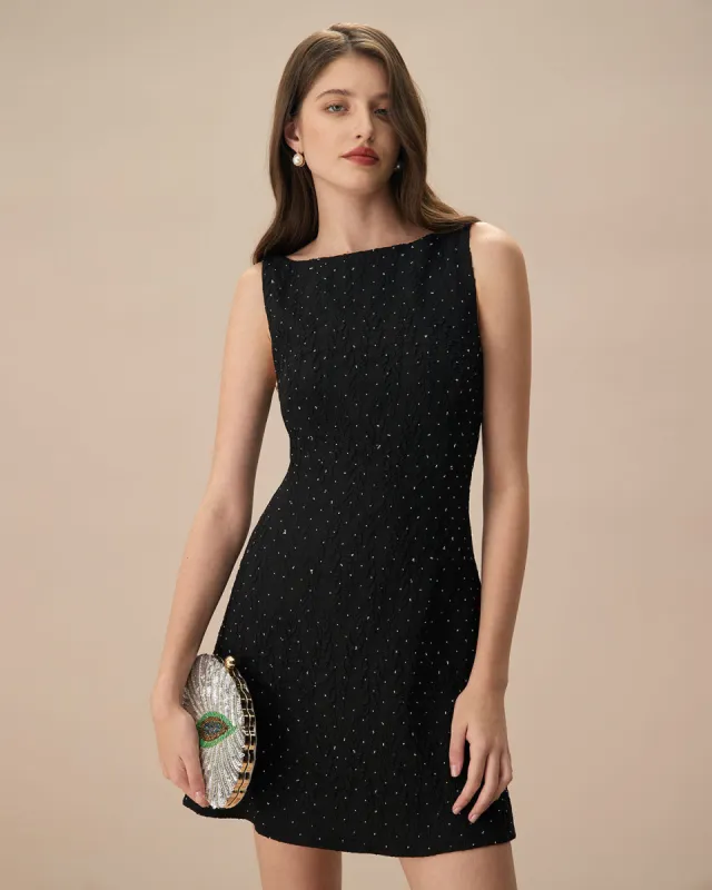 The Black Boat Neck Textured Mini Dress sold by rihoas