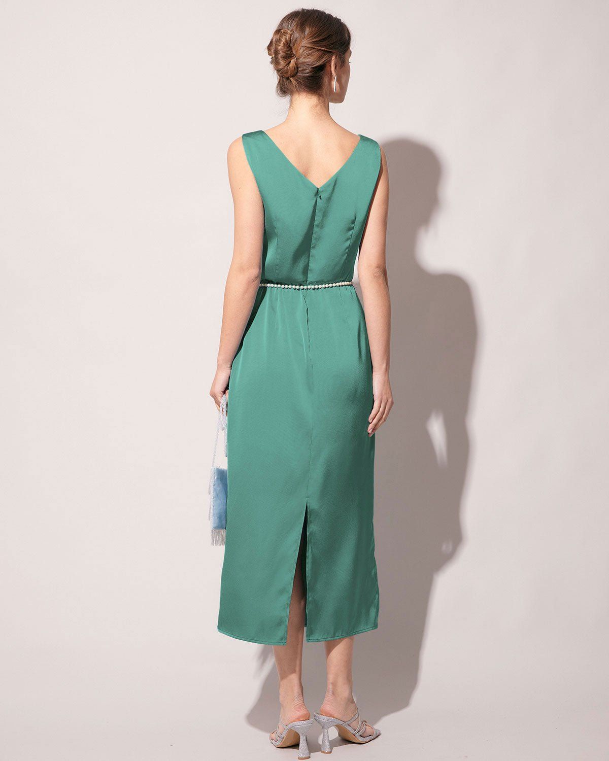 The Green Round Neck Sleeveless Satin Midi Dress sold by rihoas product image thumbnail 5