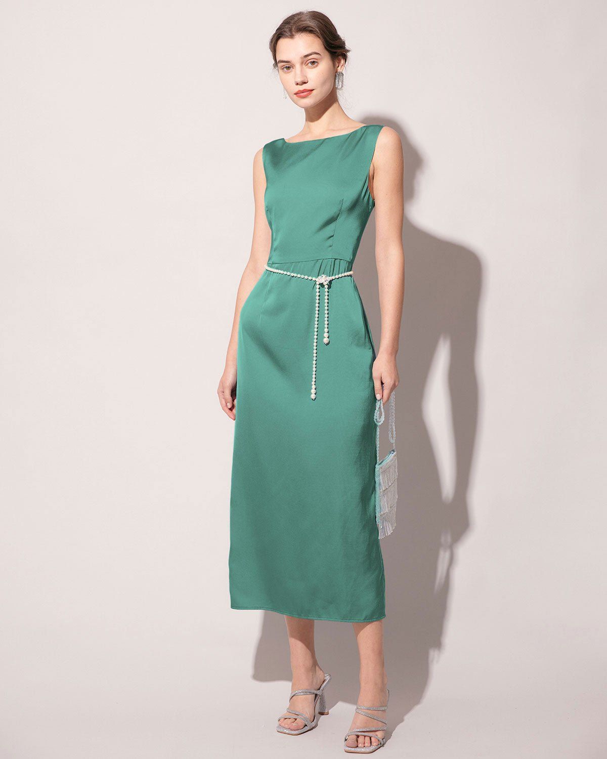 The Green Round Neck Sleeveless Satin Midi Dress sold by rihoas