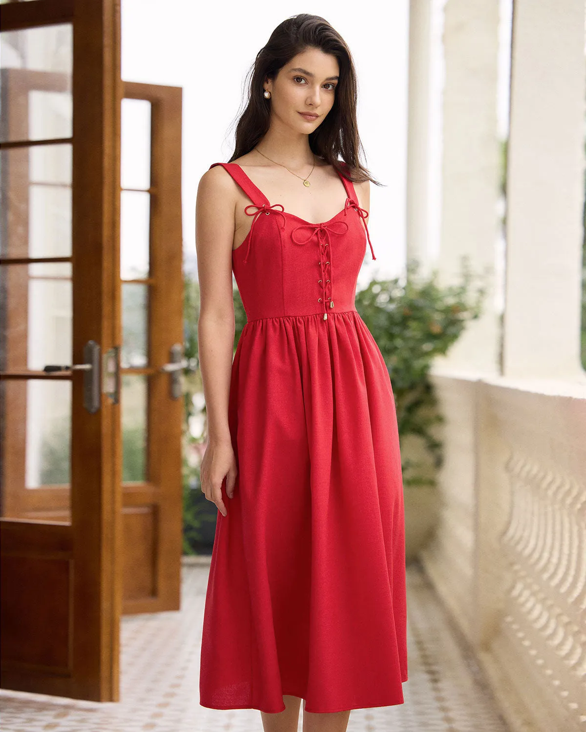 The Red Sweetheart Neck Criss Cross Ruched Midi Dress sold by rihoas