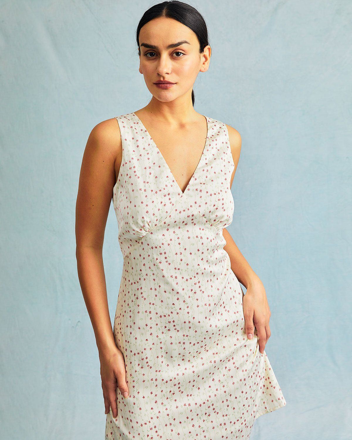 The Beige V Neck Ruched Sleeveless Mini Dress sold by rihoas product image thumbnail 2