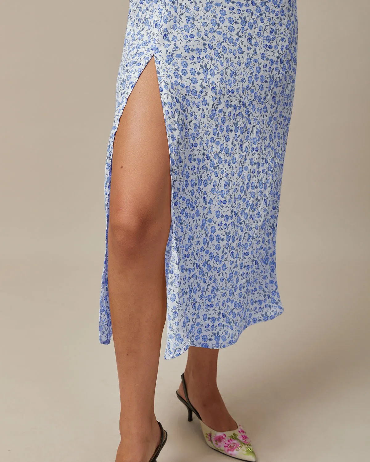 The Blue Round Neck Floral Slit Midi Dress sold by rihoas product image thumbnail 2