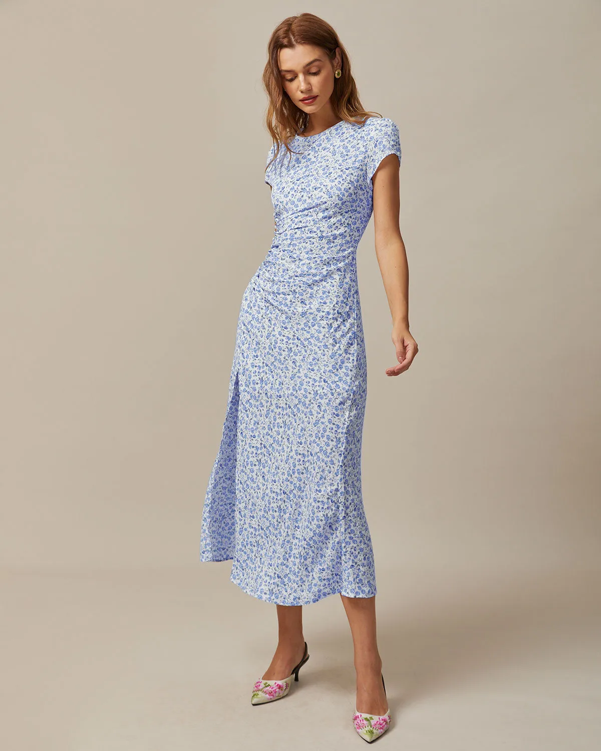 The Blue Round Neck Floral Slit Midi Dress sold by rihoas product image thumbnail 3