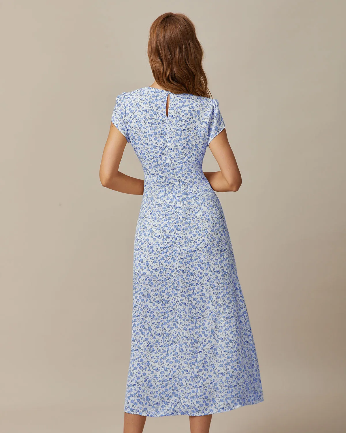 The Blue Round Neck Floral Slit Midi Dress sold by rihoas product image thumbnail 4